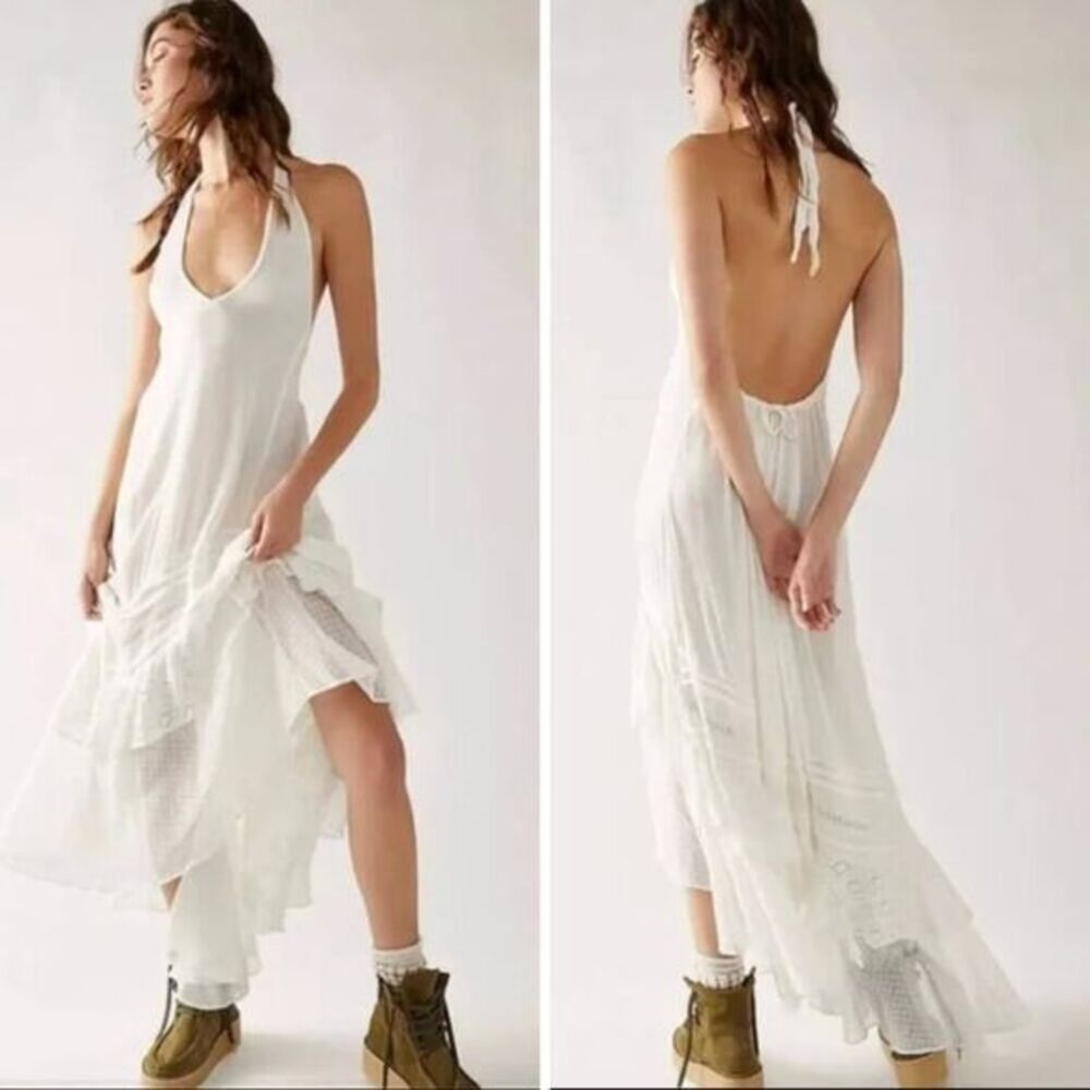 Free People White Halter Backless Maxi Dress